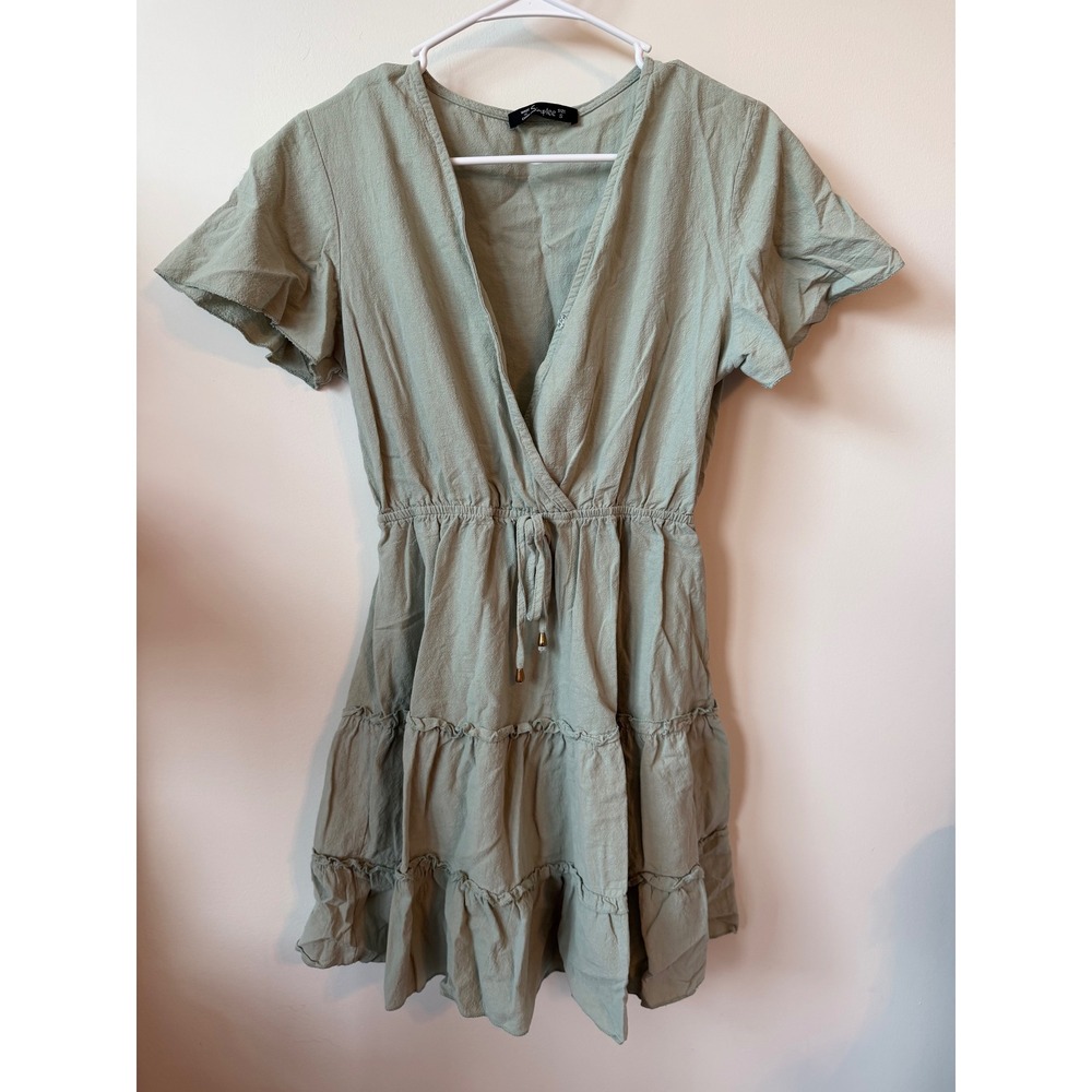 Simplee Sage Green Tiered Ruffle Mini Dress V-Neck Flutter Sleeve Size S